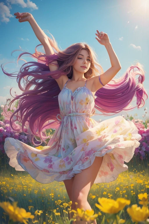 A whimsical girl with long, flowing hair made of flowers, dancing in a field of vibrant colors. Rendered in a dreamy, watercolor style.