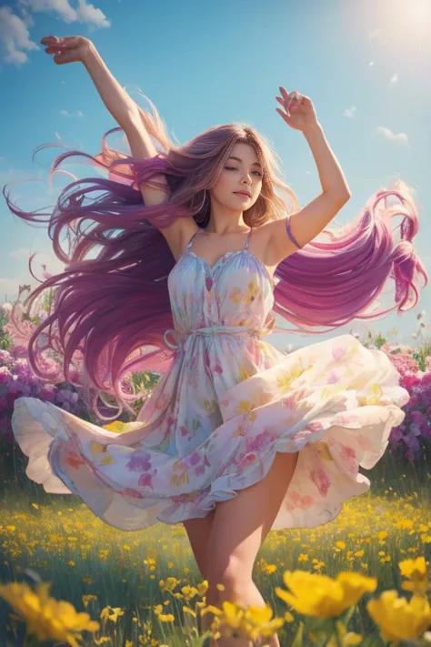 A whimsical girl with long, flowing hair made of flowers, dancing in a field of vibrant colors. Rendered in a dreamy, watercolor...