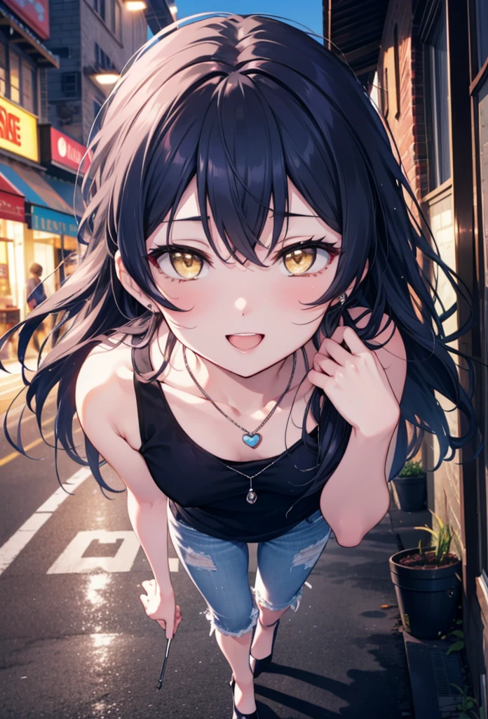 you like it, Umi Sonoda, Long Hair, Blue Hair, (Yellow Eyes:1.5) (Flat Chest:1.2),Blue Tank Top,Heart Necklace,Skinny jeans,Stiletto heels,happy smile, smile, Open your mouth,Walking,Daytime,Clear skies,whole bodyがイラストに入るように,
break outdoors, Building district,  　　　　　　　　　　　break looking at viewer,whole body,
break (masterpiece:1.2), Highest quality, High resolution, unity 8k wallpaper, (figure:0.8), (Beautiful attention to detail:1.6), Highly detailed face, Perfect lighting, Highly detailed CG, (Perfect hands, Perfect Anatomy),