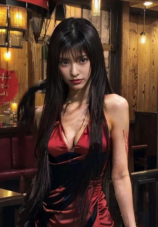 a closeup of a woman in a red dress in a restaurant, in the anime ghost in the shell, revy black lagoon, faye valentin de cowboy bebop, Revy from Black Lagoon, style is a blend of æon flux, seductive anime girl, Rin tohsaka, anime ninja scroll, female anime character, Misato Katsuragi