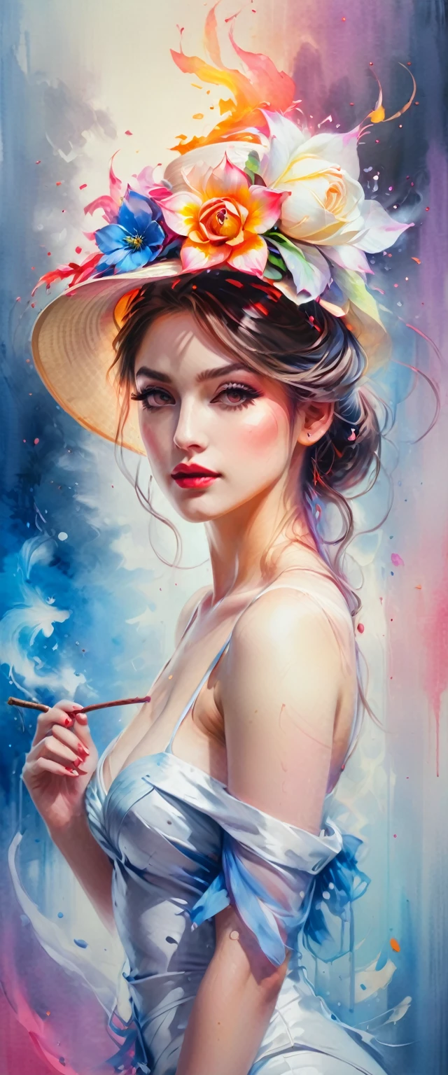 (best quality, 4k, 8k, high resolution, masterpiece: 1.2), ultra-detailed, (realistic, photorealistic, photorealistic: 1.37), beautiful detailed eyes, full lips, expressive face, 1 girl, long hair and wavy, hat with flower, flawless porcelain skin, seductive look, captivating look, revealing and tight clothing, bright and vibrant colors, dynamic lighting, shadows and highlights, fire and smoke background, vibrant shades of red and orange, art style of anime, focus on the character Mai Shiranui, sexy and confident pose, sensuality, energy, intensity