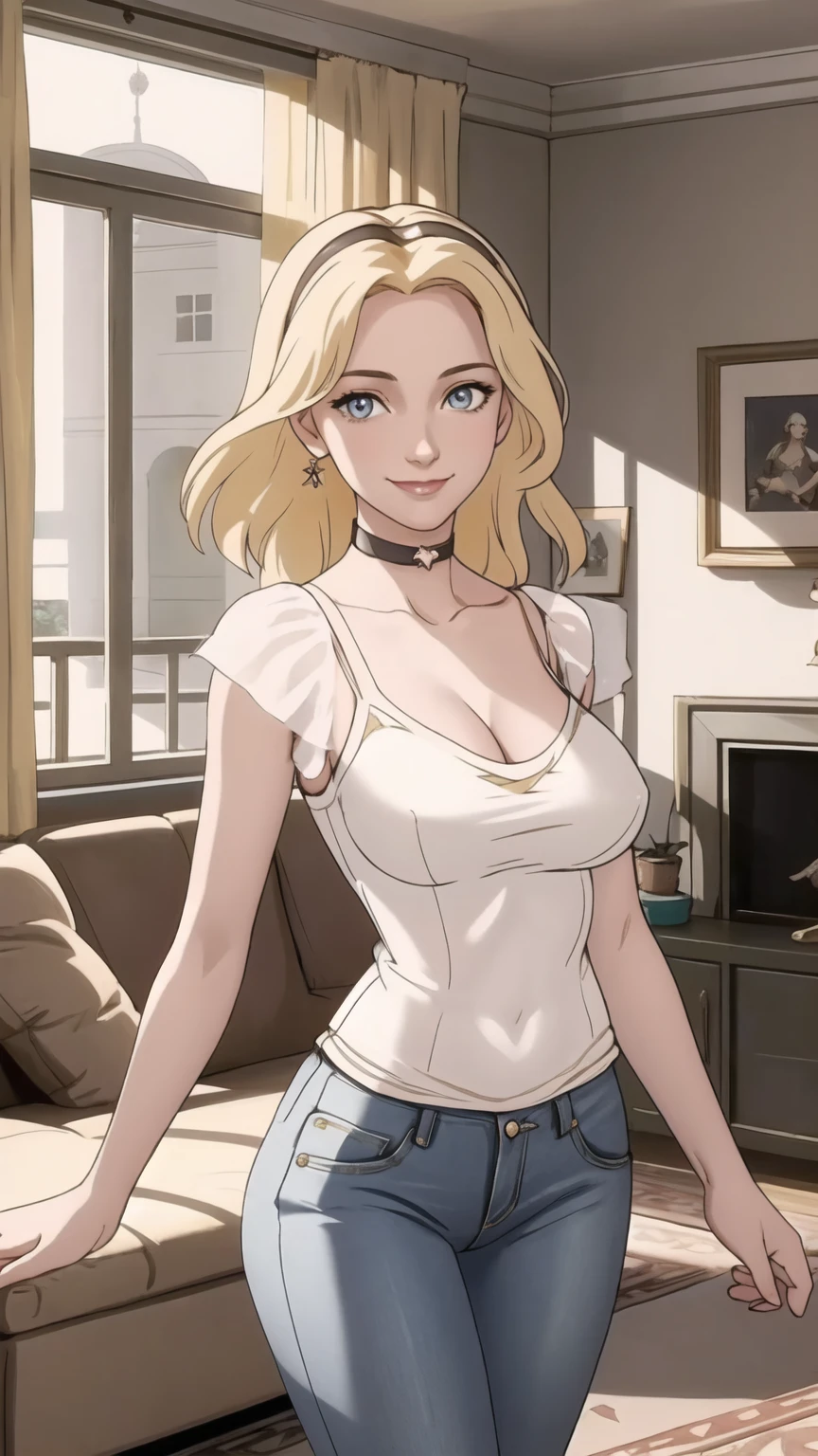 (aesthetic, best quality, masterpiece), feSelena, Lux101, white camisole, jeans, living room, indoors, looking at viewer, cowboy shot, smile, highly detailed eyes, choker, large breasts, perky breasts, looking at viewer, balcony, sheer clothing, closed mouth