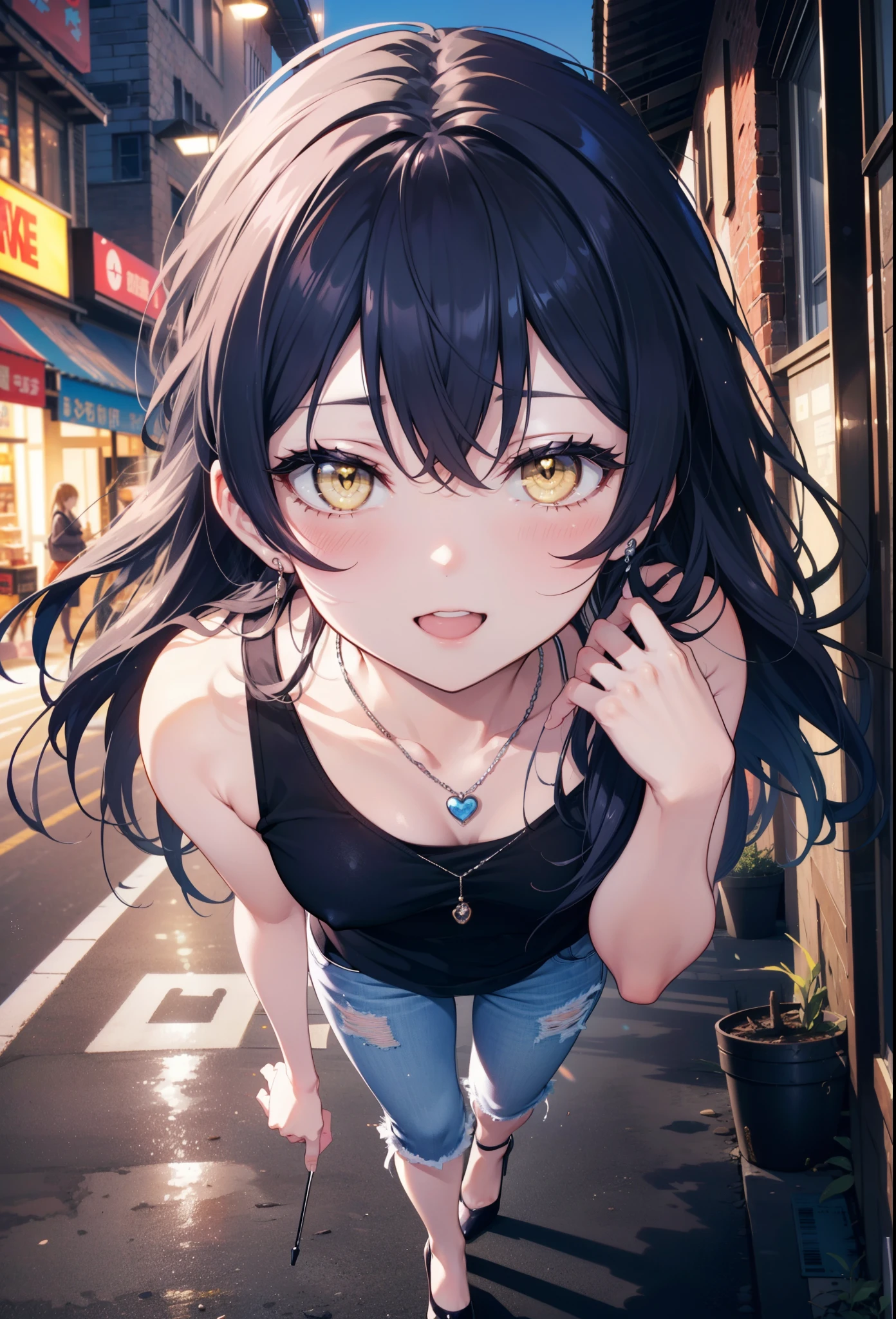 you like it, Umi Sonoda, Long Hair, Blue Hair, (Yellow Eyes:1.5) (Flat Chest:1.2),Blue Tank Top,Heart Necklace,Skinny jeans,Stiletto heels,happy smile, smile, Open your mouth,Walking,Daytime,Clear skies,whole bodyがイラストに入るように,
break outdoors, Building district,  　　　　　　　　　　　break looking at viewer,whole body,
break (masterpiece:1.2), Highest quality, High resolution, unity 8k wallpaper, (figure:0.8), (Beautiful attention to detail:1.6), Highly detailed face, Perfect lighting, Highly detailed CG, (Perfect hands, Perfect Anatomy),