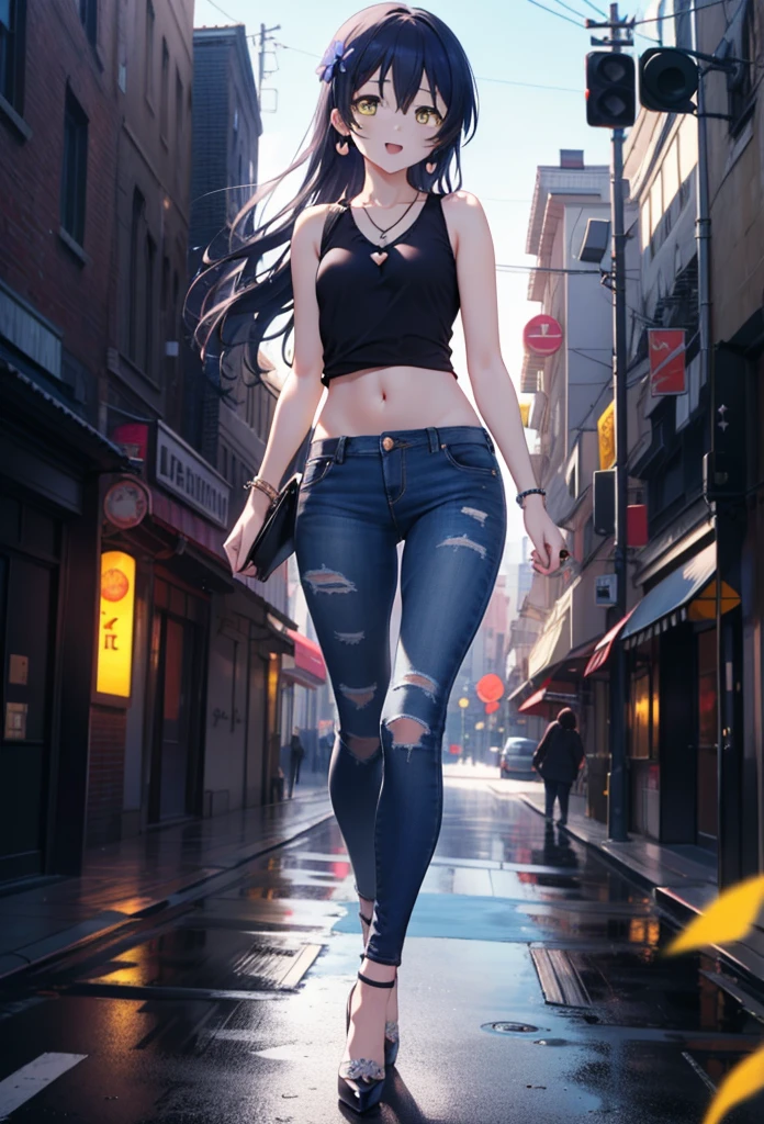 you like it, Umi Sonoda, Long Hair, Blue Hair, (Yellow Eyes:1.5) (Flat Chest:1.2),Blue Tank Top,Heart Necklace,Skinny jeans,Stiletto heels,happy smile, smile, Open your mouth,Walking,Daytime,Clear skies,whole bodyがイラストに入るように,
break outdoors, Building district,  　　　　　　　　　　　break looking at viewer,whole body,
break (masterpiece:1.2), Highest quality, High resolution, unity 8k wallpaper, (figure:0.8), (Beautiful attention to detail:1.6), Highly detailed face, Perfect lighting, Highly detailed CG, (Perfect hands, Perfect Anatomy),