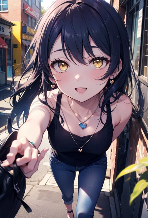 you like it, Umi Sonoda, Long Hair, Blue Hair, (Yellow Eyes:1.5) (Flat Chest:1.2),Blue Tank Top,Heart Necklace,Skinny jeans,Stil...