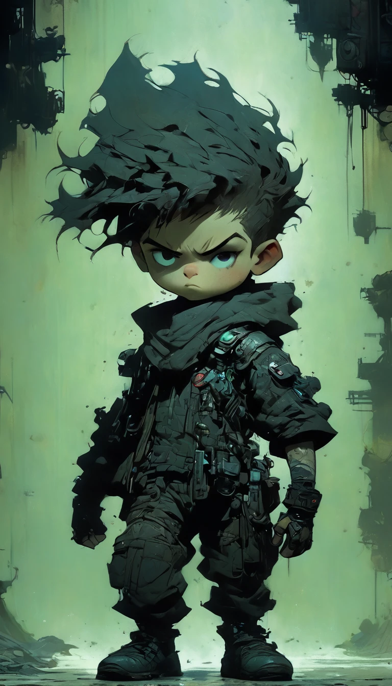 intricate and detailed character portrait of 1 boy, Fantasy character design, cyberpunk, dark and moody lighting, spectacular chiaroscuro lighting, cinematographic composition, Ashley Wood Style, sandy grunge texture, sharp focus, hyper detailed, 8k, (Best Quality:1.2), (photorealistic:1.37)