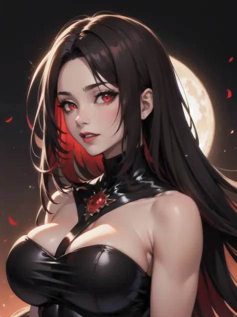 1girl, beautiful, vampire goddess, brunette very long hair, red eyes, wearing a sexy red and black dress, ultrasharp, looking at...