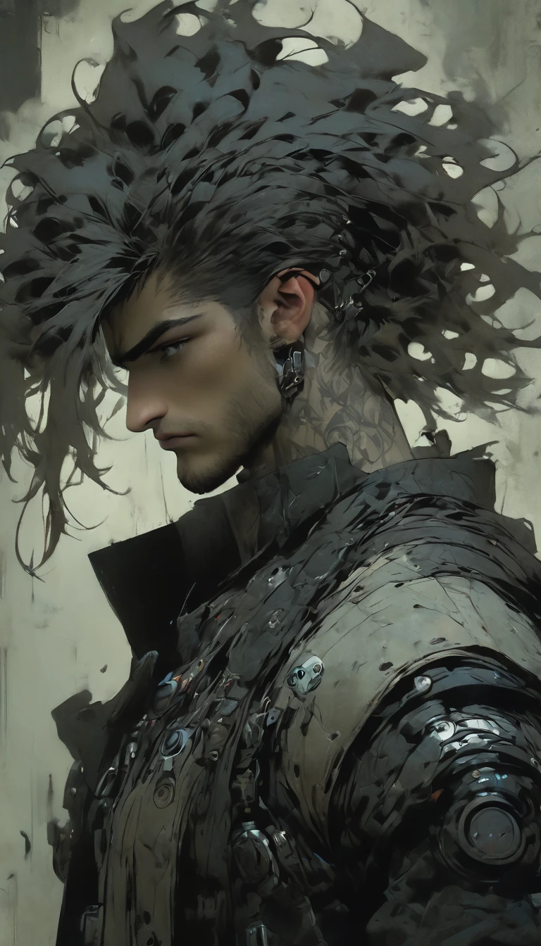 intricate and detailed character portrait of 1 handsome young man, Fantasy character design, cyberpunk, dark and moody lighting, spectacular chiaroscuro lighting, cinematographic composition, Ashley Wood Style, sandy grunge texture, sharp focus, hyper detailed, 8k, (Best Quality:1.2), (photorealistic:1.37)