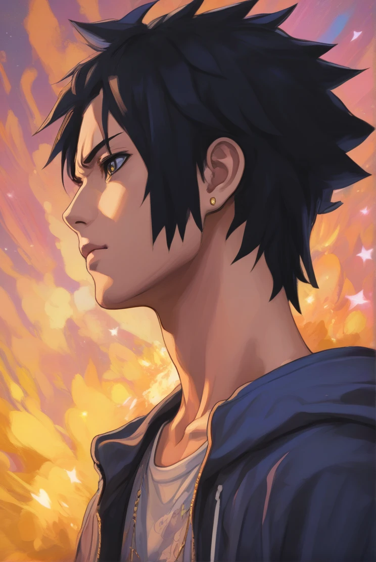 estilo anime 2.Retrato de óleo 5D tom pasrel con un efecto de pintura al óleo pastel Sasuke + poul Walker cinematográfico dorado vibrante Iluminación negra, primer plano de un personaje con fondos detallados de cabeza rapada, Mel con detalles penetrantes y ojos grandes con pupilas brillantes., retratado en una pose dinámica, cuerpo completo con una estética sensual, visto desde un ángulo de perfil dinámico mirando al espectador, Agotador detail Batam T-shirt with a rocker man personification, Agotador