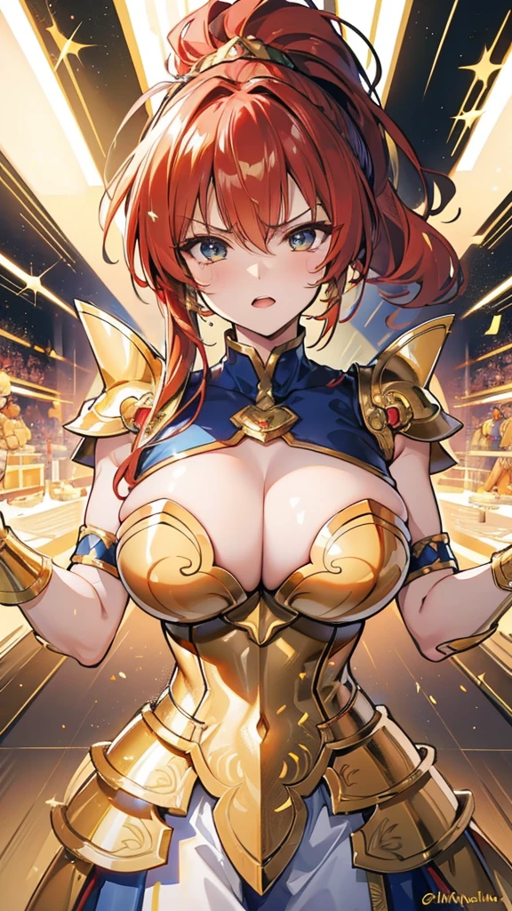 Gold Armor, 4K image, rallies, best quality, masterpiece, movie lighting ，Sexy，Large Breasts，Cleavage，action，In battle，cleavage，anger，noble，Light beams from hands，Golden lightning all around，red hair，ponytail hairstyle，Saint Seiya Leo Aiolia，Wink，lipstick