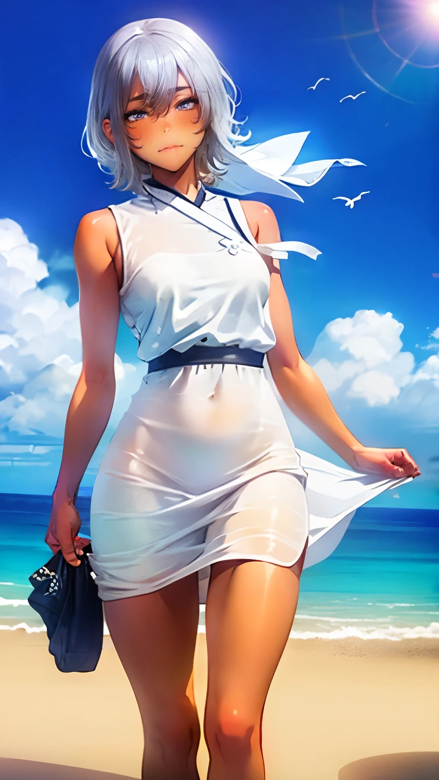 (Summer beach、Walking along the beach、Walking on the beach side:1.2、Resort、blue sky、Beautiful sea)、((A one-piece dress that fits the body、Abdominal muscles)、Sandals、Small breasts、Paisla:1.5、The straps of the shoulder bag pass between the chest)、the wind is strong、(Realistic、Like a photograph、Live Action、8K, Realistic, RAW Photos, Best image quality: 1.4), Single-lens reflex camera、RAW Photos, Highest quality, Realistic, Highly detailed CG Unity 8K wallpaper, Written boundary depth, Cinematic Light, Lens flare, Ray Tracing, Realistic background、((ultra high density skin))、 A teenage girl traveling in Okinawa,Cute Japanese、(whole body:1.5、A slightly distant view)、Super detailed face、Kissing Face、Facial expressions that want to kiss)，avert your eyes:1.1、(Silver inner color hair、short hair:1.2、My hair flutters in the wind:1.4)、I like that style、stylish、Very detailed、Pay attention to the details、Perfect outfit、(Sunburned skin)、View from below、Accurate hands、Accurate legs、Detailed hands and fingers、Anatomically correct body