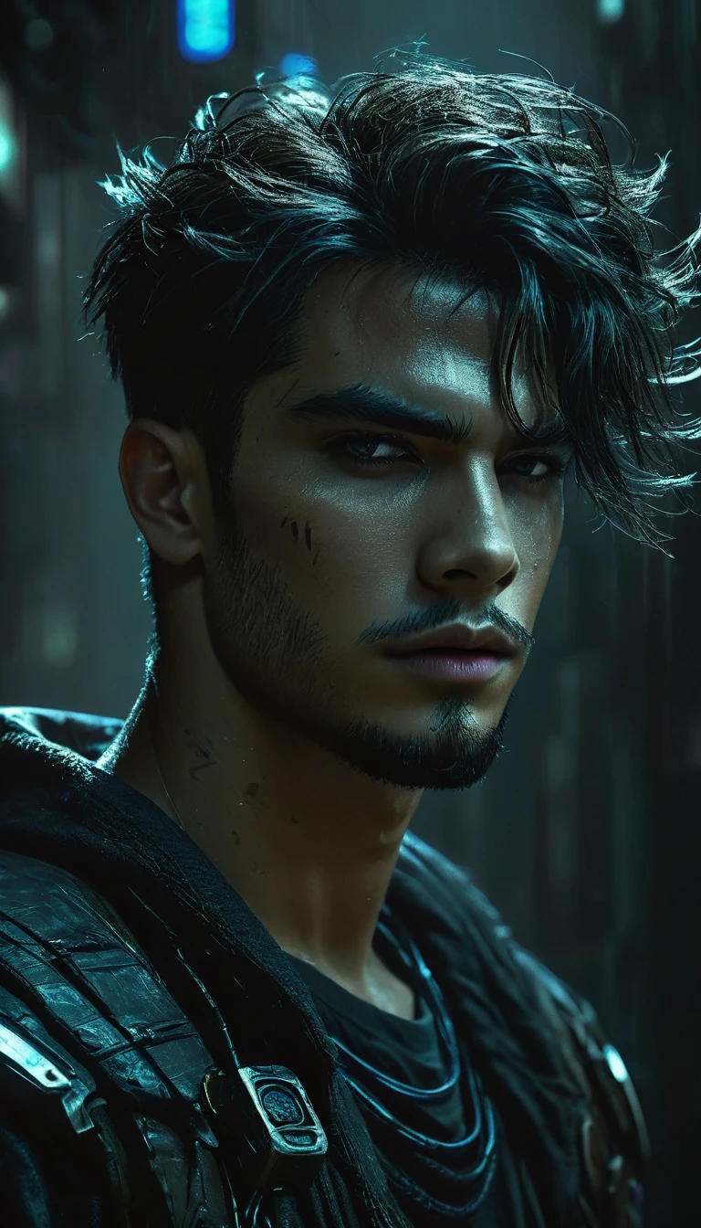 intricate and detailed character portrait of 1 handsome young man, Fantasy character design, cyberpunk, dark and moody lighting, spectacular chiaroscuro lighting, cinematographic composition, Ashley Wood Style, sandy grunge texture, sharp focus, hyper detailed, 8k, (Best Quality:1.2), (photorealistic:1.37)