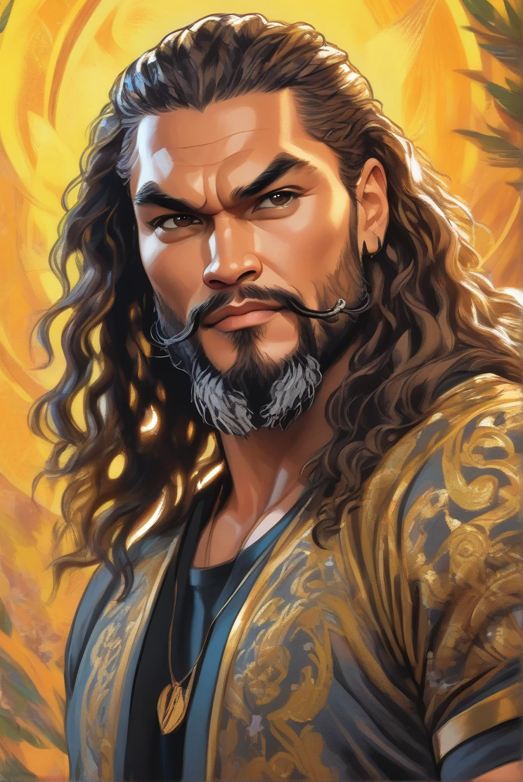 estilo anime 2.Retrato en óleo de Tom Pasrel en 5D con efecto de pintura al óleo pastel de Micahel B. Jordán + Jason Momoa cinemático vibrante oro negro iluminación, primer plano de un personaje con fondos detallados de cabeza rapada, Mel con detalles penetrantes y ojos grandes con pupilas brillantes., retratado en una pose dinámica, cuerpo completo con una estética sensual, visto desde un ángulo de perfil dinámico mirando al espectador, Agotador detail Batam T-shirt with a rocker man personification, Agotador