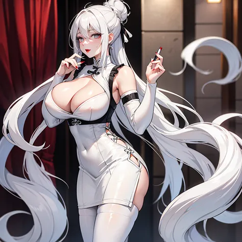 curvy ghostly pale young woman with long white hair in a bun, pure white skin, large breast, large cleavage, red lipstick, and g...