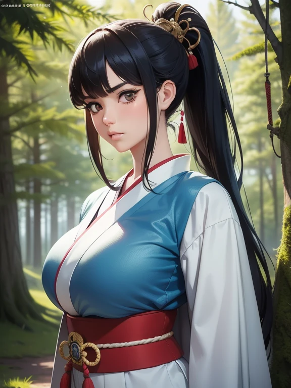 {{{masterpiece}}}, {{{best quality}}}, {{ultra-detailed}}, {cinematic lighting}, {illustration}, {beautifuly detailed eyes}, {1girl}, extremely detailed, 1girl, solo,  A beautiful samurai warrior, blue hair in a long ponytail, wearing white and black kimono, warrior, serious, brown eyes, huge breasts, hourglass figure, facing viewer, outdoors, woodland background, highly detailed face and clothing, slightly narrow eyes, perfect face, fair skin, hair bangs, long hair, cowboy shot, noble beautiful, traditional Japanese clothing, samurai woman