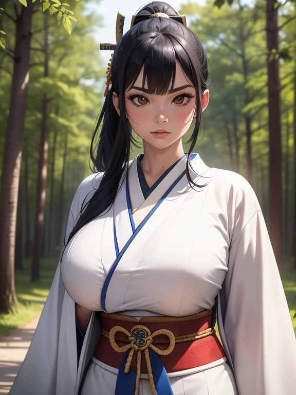 {{{masterpiece}}}, {{{best quality}}}, {{ultra-detailed}}, {cinematic lighting}, {illustration}, {beautifuly detailed eyes}, {1girl}, extremely detailed, 1girl, solo,  A beautiful samurai warrior, blue hair in a long ponytail, wearing white and black kimono, warrior, serious, brown eyes, huge breasts, hourglass figure, facing viewer, outdoors, woodland background, highly detailed face and clothing, slightly narrow eyes, perfect face, fair skin, hair bangs, long hair, cowboy shot, noble beautiful, traditional Japanese clothing, samurai woman