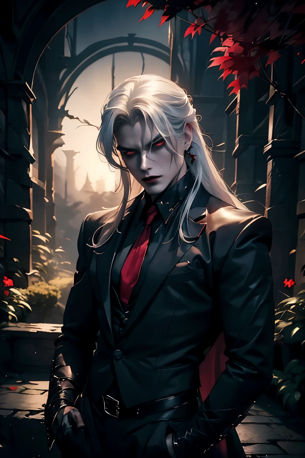 ((Best quality)), ((masterpiece)), 8k (detailed), ((perfect face)), ((halfbody)) perfect proporcions, He is a handsome vampire, he is 18 years old, gothic makeup, he has long white hair, he has red eyes, he poses sensually, he is in a garden at night, ((perfect face)) ((vampire ambience))