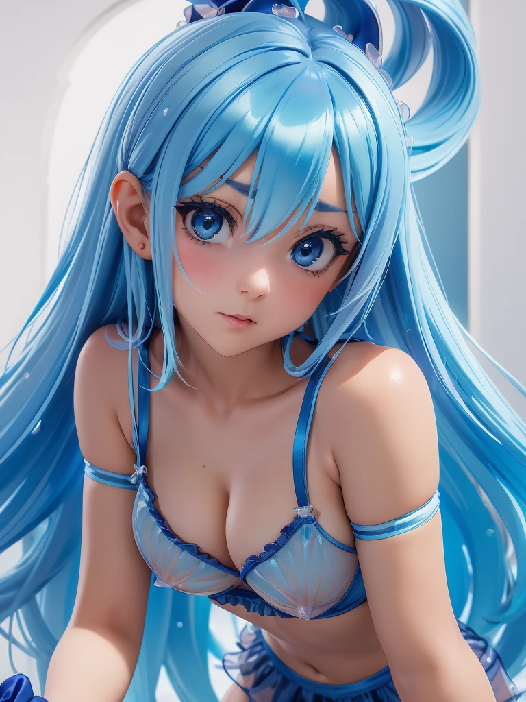 the girl turns around, Aqua Konosuba, ((top quality)), (super detailed), (Very detailed CG synthesis 8k wallpaper), very detailed, High definition RAW color photography, Professional photography, ((beautiful big breasts)), ((bare chest)), blue hair, wonderful face and eyes, (Amazingly beautiful girl), (transparent micro bra:1.6), (Briefs in shiny blue satin with delicate ruffles.:1.3)、panties, covering the butt、Garters、knee-high sock, back turned、showing my ass, BIG ASS, Angle from the back、on the knees
