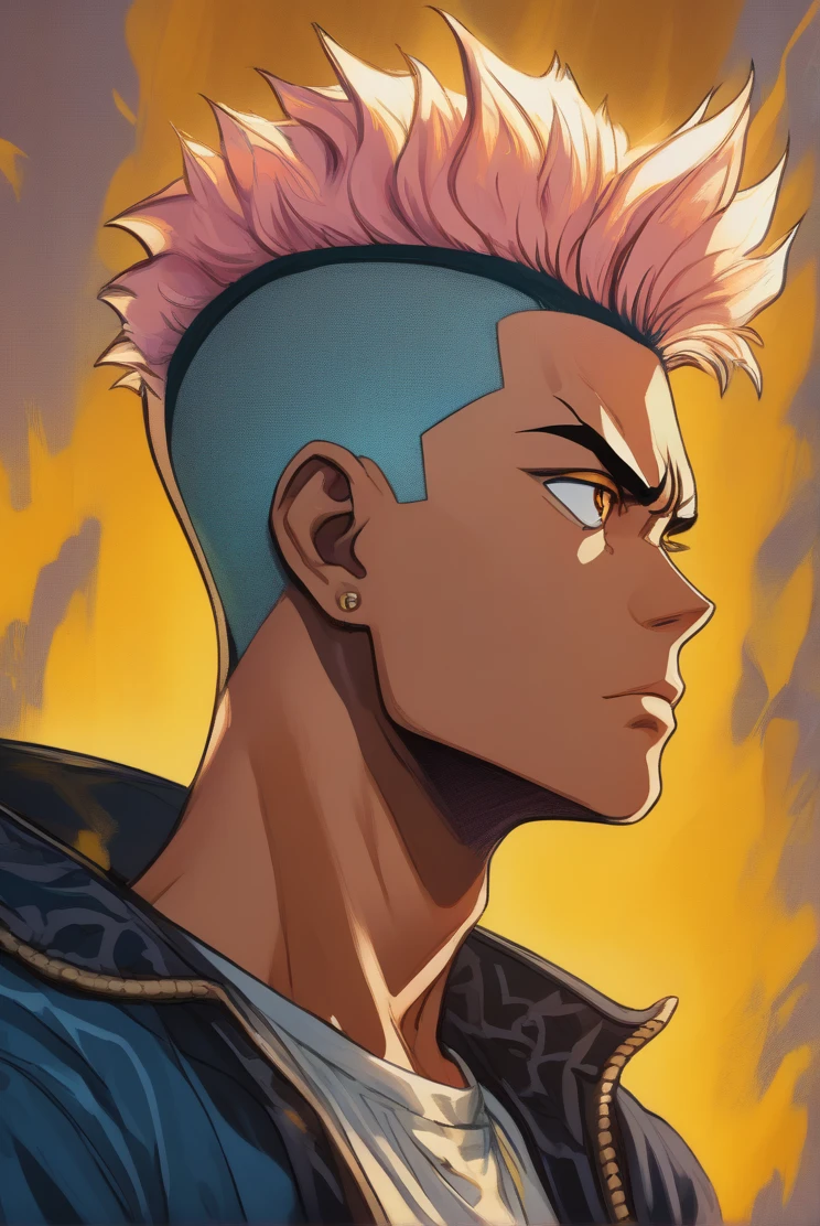 estilo anime 2.Retrato al óleo de tom pasrel 5D con efecto de pintura al óleo en colores pastel hiey yuyu Hakusho+ poul Walker cinematográfico dorado vibrante Iluminación negra, primer plano de un personaje con fondos detallados de cabeza rapada, Mel con detalles penetrantes y ojos grandes con pupilas brillantes., retratado en una pose dinámica, cuerpo completo con una estética sensual, visto desde un ángulo de perfil dinámico mirando al espectador, Agotador detail Batam T-shirt with a rocker man personification, Agotador