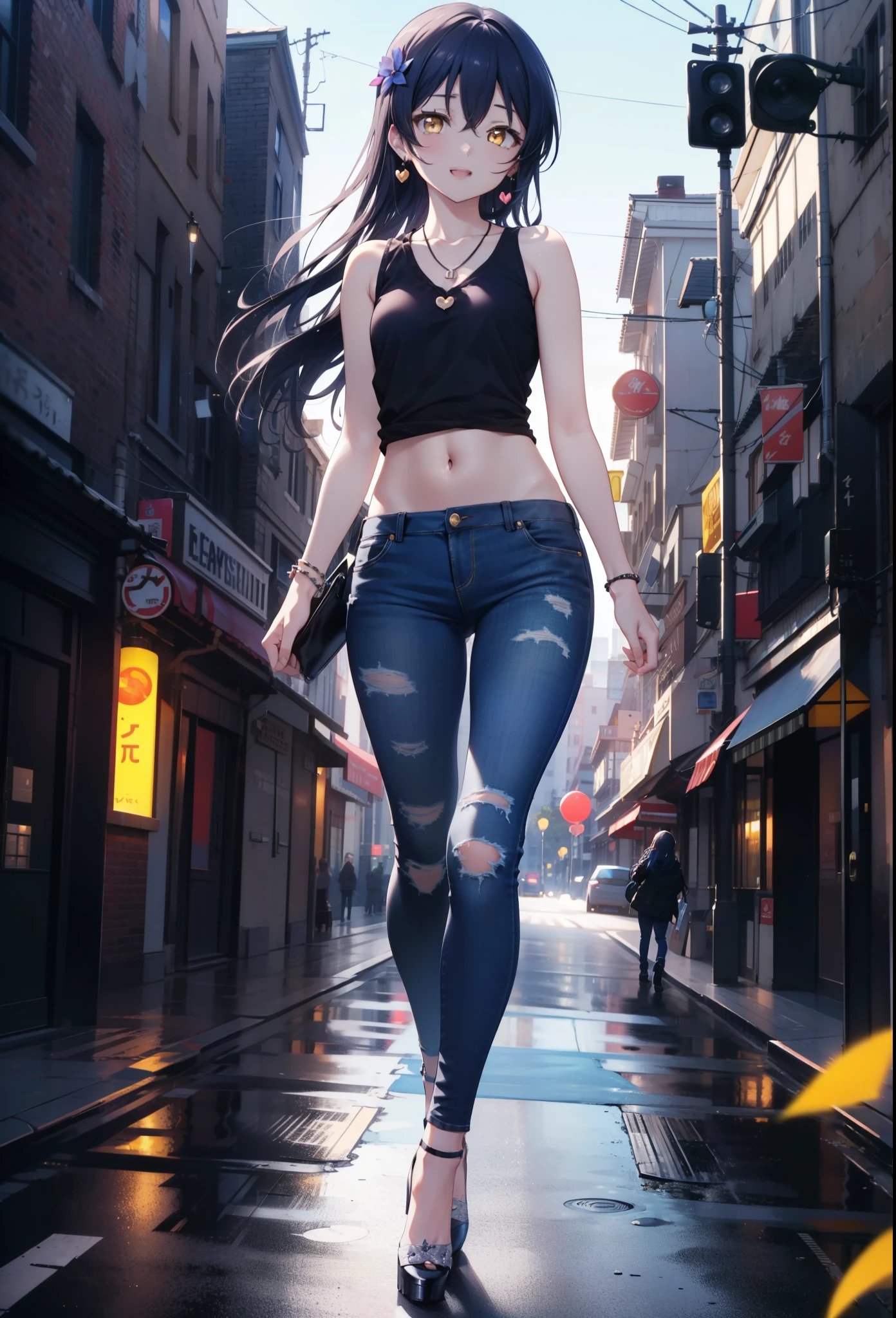 you like it, Umi Sonoda, Long Hair, Blue Hair, (Yellow Eyes:1.5) (Flat Chest:1.2),Blue Tank Top,Heart Necklace,Skinny jeans,Stiletto heels,happy smile, smile, Open your mouth,Walking,Daytime,Clear skies,whole bodyがイラストに入るように,
break outdoors, Building district,  　　　　　　　　　　　break looking at viewer,whole body,
break (masterpiece:1.2), Highest quality, High resolution, unity 8k wallpaper, (figure:0.8), (Beautiful attention to detail:1.6), Highly detailed face, Perfect lighting, Highly detailed CG, (Perfect hands, Perfect Anatomy),