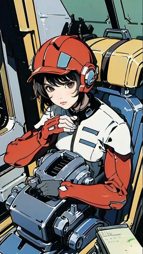 Mud Cockpit、Black Hair、22 years old、A tight-fitting red suit、Helmet、Glaring at the camera