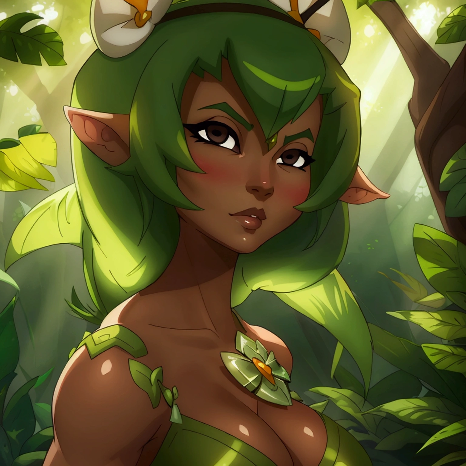 ((ultra quality)), ((masterpiece)), Amalia Sheran Sharm, Wakfu style, ((green medium long hair)), (Beautiful face), (beautiful female lips), (), charming, ((sexy facial expression)), looks at the camera, eyes slightly open, (skin color white), (White skin), glare on the body, ((detailed beautiful female eyes)), ((dark brown eyes)), (juicy female lips), (dark eyeliner), (beautiful female hands), ((ideal female figure)), ideal female body, beautiful waist, gorgeous thighs, beautiful medium breasts, ((subtle and beautiful)), sexy worth (), (green clothes Amalia Sheran Sharm - wakfu season 3) background: the forest, ((depth of field)), ((high quality clear image)), (clear details), ((high detail)), realistically, professional photo session, ((Clear Focus)), anime, giant ass, huge ass, big tits