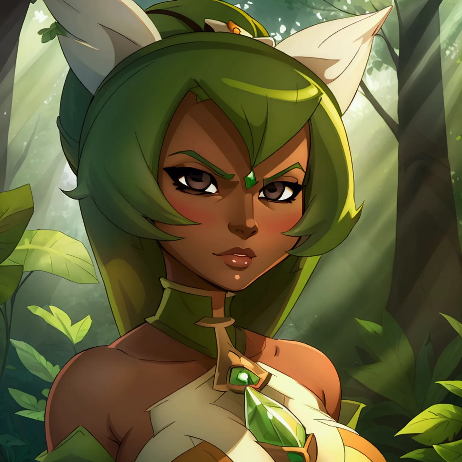 ((ultra quality)), ((masterpiece)), amalia sheran sharm, wakfu style, ((green medium long hair)), (beautiful face), (beautiful f...