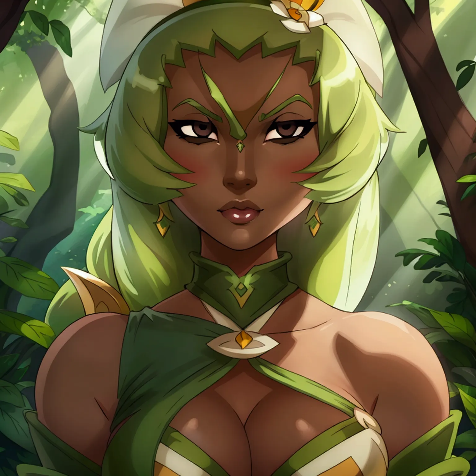 ((ultra quality)), ((masterpiece)), amalia sheran sharm, wakfu style, ((green medium long hair)), (beautiful face), (beautiful f...