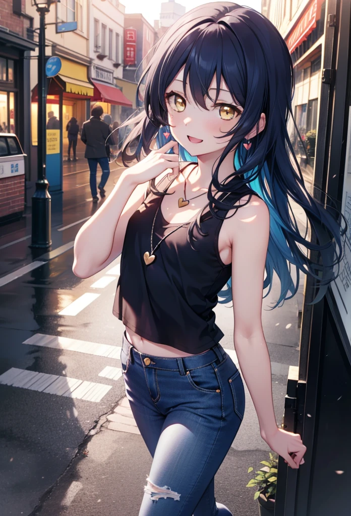 you like it, Umi Sonoda, Long Hair, Blue Hair, (Yellow Eyes:1.5) (Flat Chest:1.2),Blue Tank Top,Heart Necklace,Skinny jeans,Stiletto heels,happy smile, smile, Open your mouth,Walking,Daytime,Clear skies,whole bodyがイラストに入るように,
break outdoors, Building district,  　　　　　　　　　　　break looking at viewer,whole body,
break (masterpiece:1.2), Highest quality, High resolution, unity 8k wallpaper, (figure:0.8), (Beautiful attention to detail:1.6), Highly detailed face, Perfect lighting, Highly detailed CG, (Perfect hands, Perfect Anatomy),