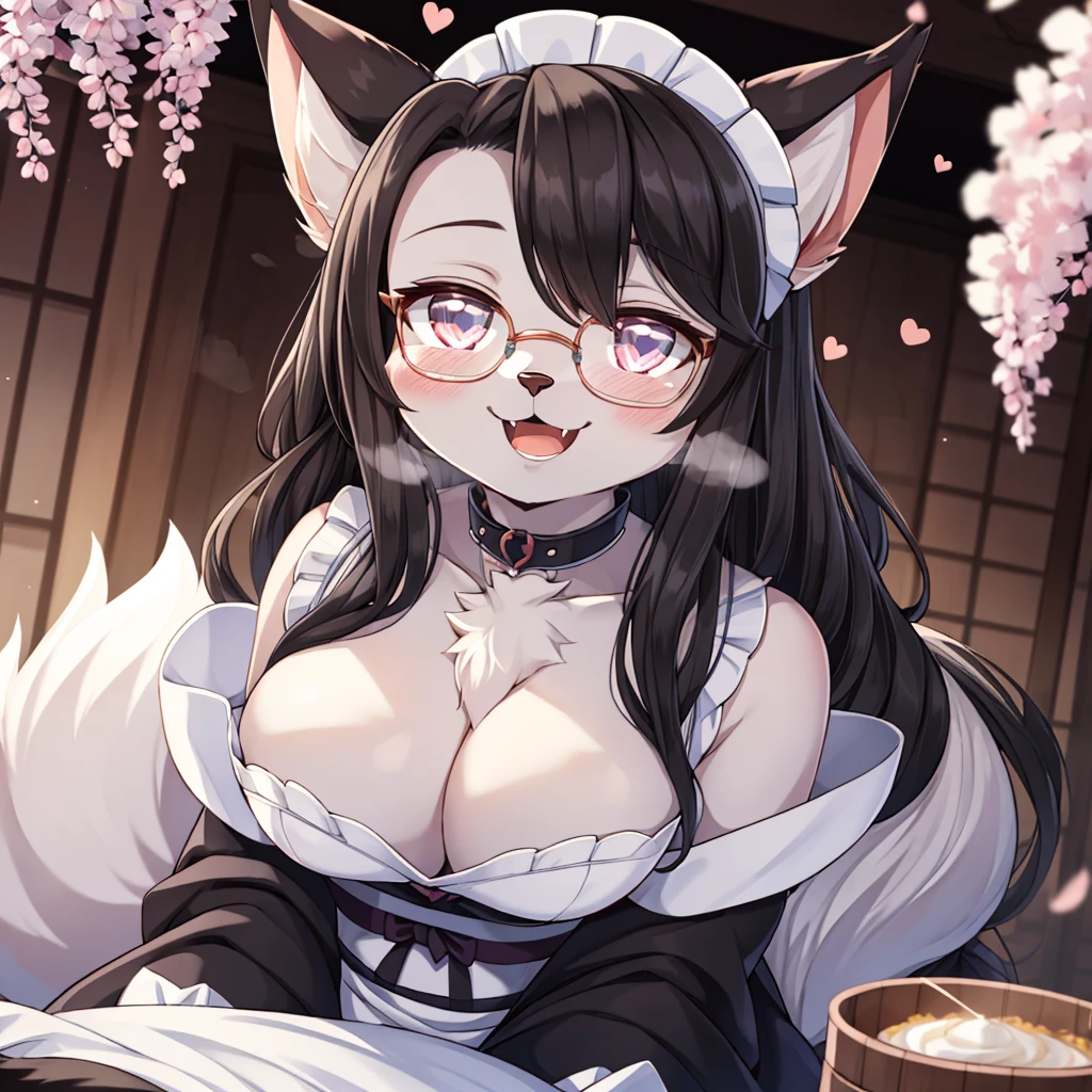 masterpiece, (pink kimono), seductive face, good lighting, décolleté, fine details, masterpiece, glowing eyes, 1girl, black hair, gag, bamboo, Nezuko Kamado, wisteria background, masterpiece, best quality, POV, whole body, wide hips, best quality,best resolution,(fluffy anthro furry :1.6),(young :1.6),cat girl,small breasts,light White hair,long hair,wavy hair,curvy hair,light grey fur,glistering eyes,sparkle eyes,circle glasses,heart collar,maid outfit,maid headdress,maid gloves,ruffles,beautiful cafe,white light,looking at viewer,full face blush,horny face,smile,heart eyes,heart expression eyes,open mouth,straddle viewer,girl on top,low angle,front view,heavy breath,hands on viewer