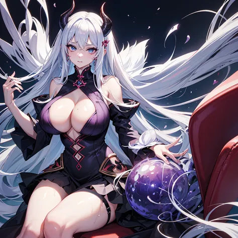 ((demon woman)) sitting in a chair and she is your mother and she has ultra mega hyper huge breasts and she has white hair and b...