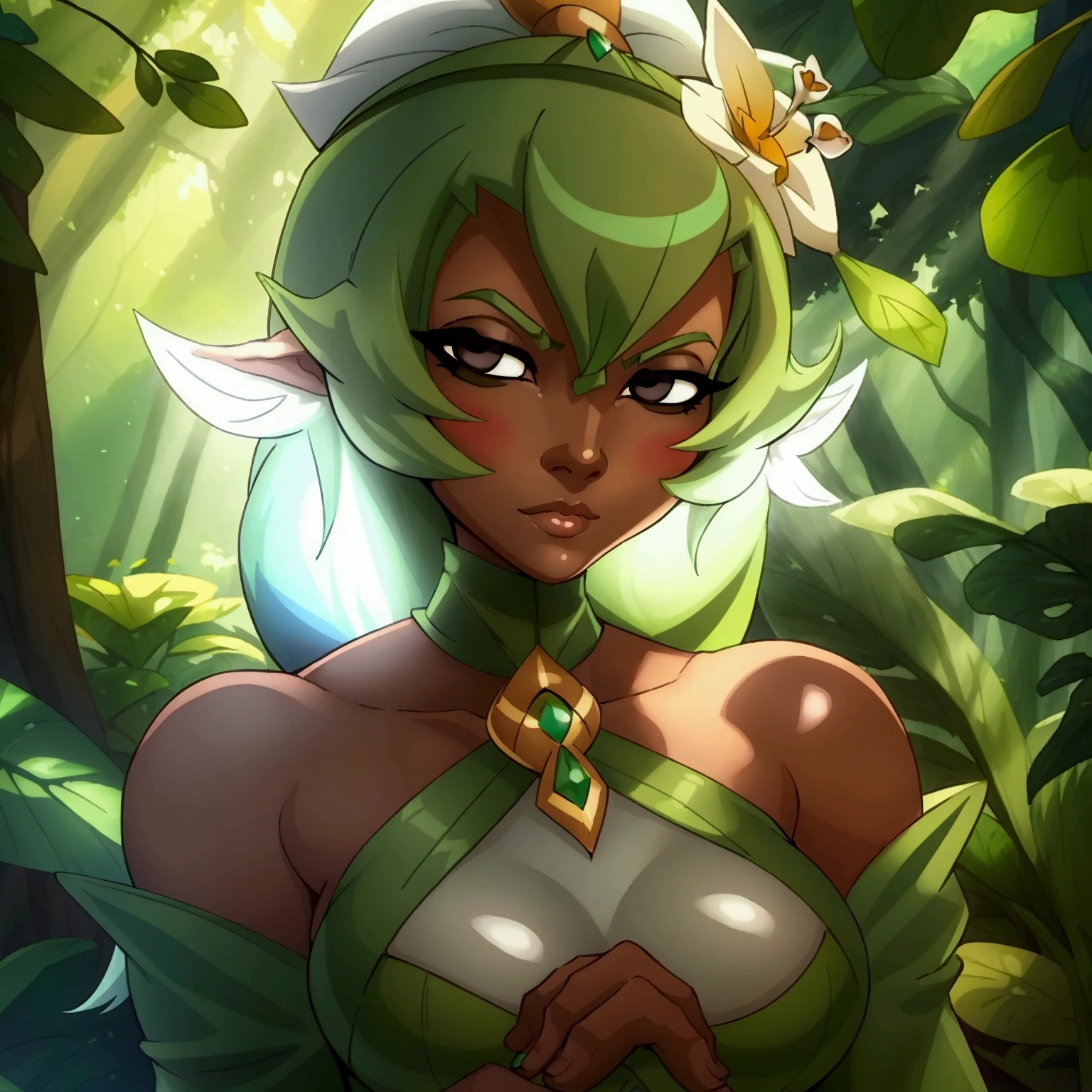 ((ultra quality)), ((masterpiece)), Amalia Sheran Sharm, Wakfu style, ((green medium long hair)), (Beautiful face), (beautiful female lips), (), charming, ((sexy facial expression)), looks at the camera, eyes slightly open, (skin color white), (White skin), glare on the body, ((detailed beautiful female eyes)), ((dark brown eyes)), (juicy female lips), (dark eyeliner), (beautiful female hands), ((ideal female figure)), ideal female body, beautiful waist, gorgeous thighs, beautiful medium breasts, ((subtle and beautiful)), sexy worth (), (green clothes Amalia Sheran Sharm - wakfu season 3) background: the forest, ((depth of field)), ((high quality clear image)), (clear details), ((high detail)), realistically, professional photo session, ((Clear Focus)), anime, full body photo, huge ass, giant ass, big tits