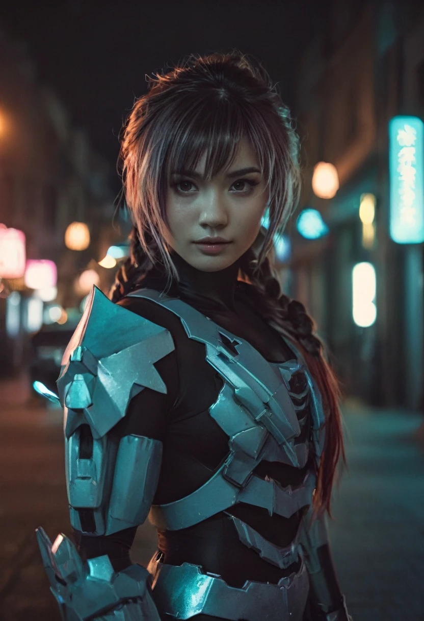 (realistic analog style sharp focus 8k raw photo with soft lighting and high quality:1.1), (hdr film grain:1.2),movie poster, a cute woman wearing a shiny (textured:1.2) (intricate:1.2) cyborgcosplay in a dark street at night, (cinematic hairstyle:1.2)
