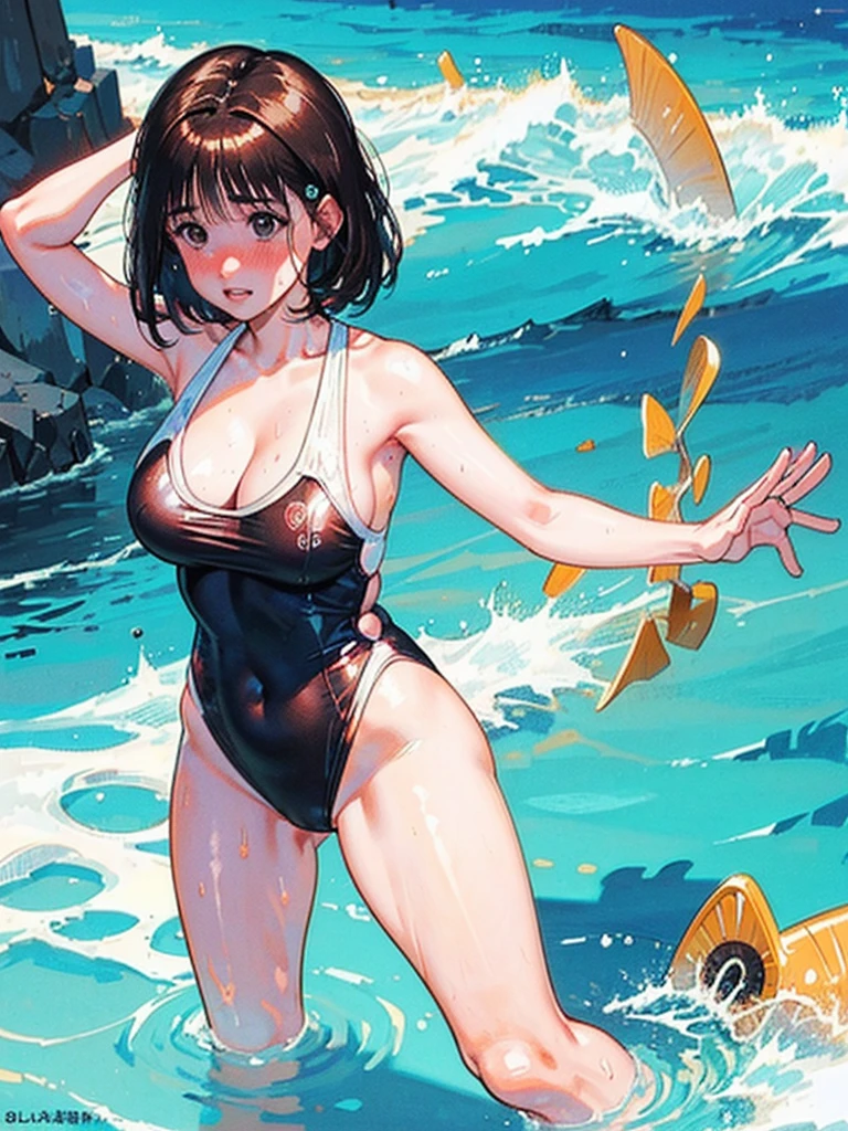 Random patterned swimsuit、Random patterned swimsuit,Swimsuit,Blushing、Medium Hair、Black Hair、Black Eyes、Head to toe full body、Blushing、Embarrassed look、Composition from the front、A view from slightly below、school swimwear、Acme Face、Random pose、, 、nsfw、Highest quality、1 girl、solo、Ocean、Sandy Beach、Sexy pose、Random pose、Blushing、wet、Embarrassed、I can see half of my 、、One piece swimsuit、(Strap slip:1.3)、