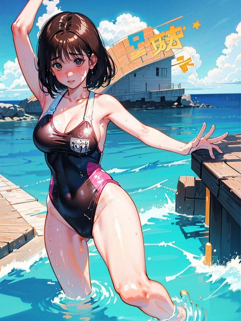 Random patterned swimsuit、Random patterned swimsuit,Swimsuit,Blushing、Medium Hair、Black Hair、Black Eyes、Head to toe full body、Blushing、Embarrassed look、Composition from the front、A view from slightly below、school swimwear、Acme Face、Random pose、, 、nsfw、Highest quality、1 girl、solo、Ocean、Sandy Beach、Sexy pose、Random pose、Blushing、wet、Embarrassed、I can see half of my 、、One piece swimsuit、(Strap slip:1.3)、