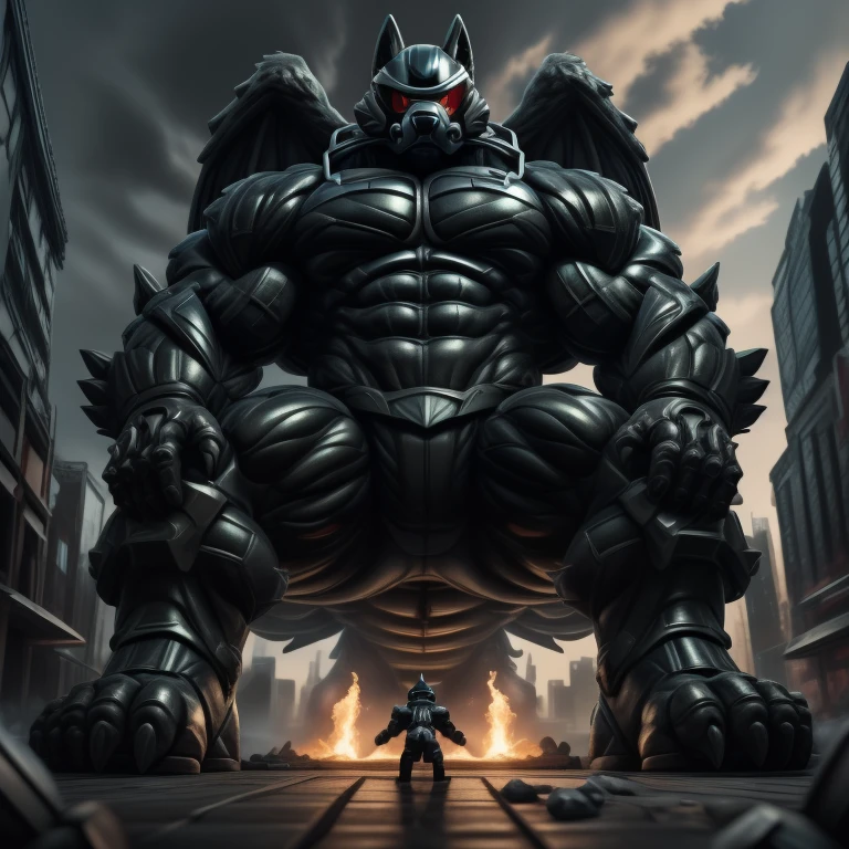 (masterpiece. official art. 8k. best quality. detailed full body. full body.)
(situation 1 : dominating LUCARIO. focus GIANT mechanical Muscular LUCARIO is trampling the CITY. macro. stomp. Low-angle perspective. emphasizing the immense size. The perspective is from below, emphasizing the sheer majesty and power of the Giant. giant art. He is much bigger than a skyscraper. Giga Giants. micro soccer field. looking down.)

(situation 2 :smoke and flames rising from the destruction in the city)

(Additional details 1: wearing a full-face helmet. helmet is jet black. The color of NANOSUIT is jet black. high-tech bio-mecha armor. real texture material. whole body shines like metal. Wearing cyberpunk mecha. emphasizes the muscles. suit fully made of metal. intricate armor. Robotic suit. suit fully made of metal. no face.). (Lucario has 5 toes.) Wearing a Full Face Toxic Gas Mask. no blue.
An arrogant expression.
smile at the corner of your mouth.

(Additional details 2: (Detailed head. Detailed Body. Detailed abs. gigantic muscles. HYPER MUSCLES. Gigachad Muscular. big muscle. pecs. triceps. traps. unusually developed muscular body. body full of huge muscles. showing off muscles. pectorales enormes. Exaggeratedly huge muscles. huge muscles. long legs.).

(Additional details 3: nj5furry, Spread wings. It has wings. black have big wings. The claws are sharp. Sharp teeth.5 toes.).  Wearing a Full Face Toxic Gas Mask. 