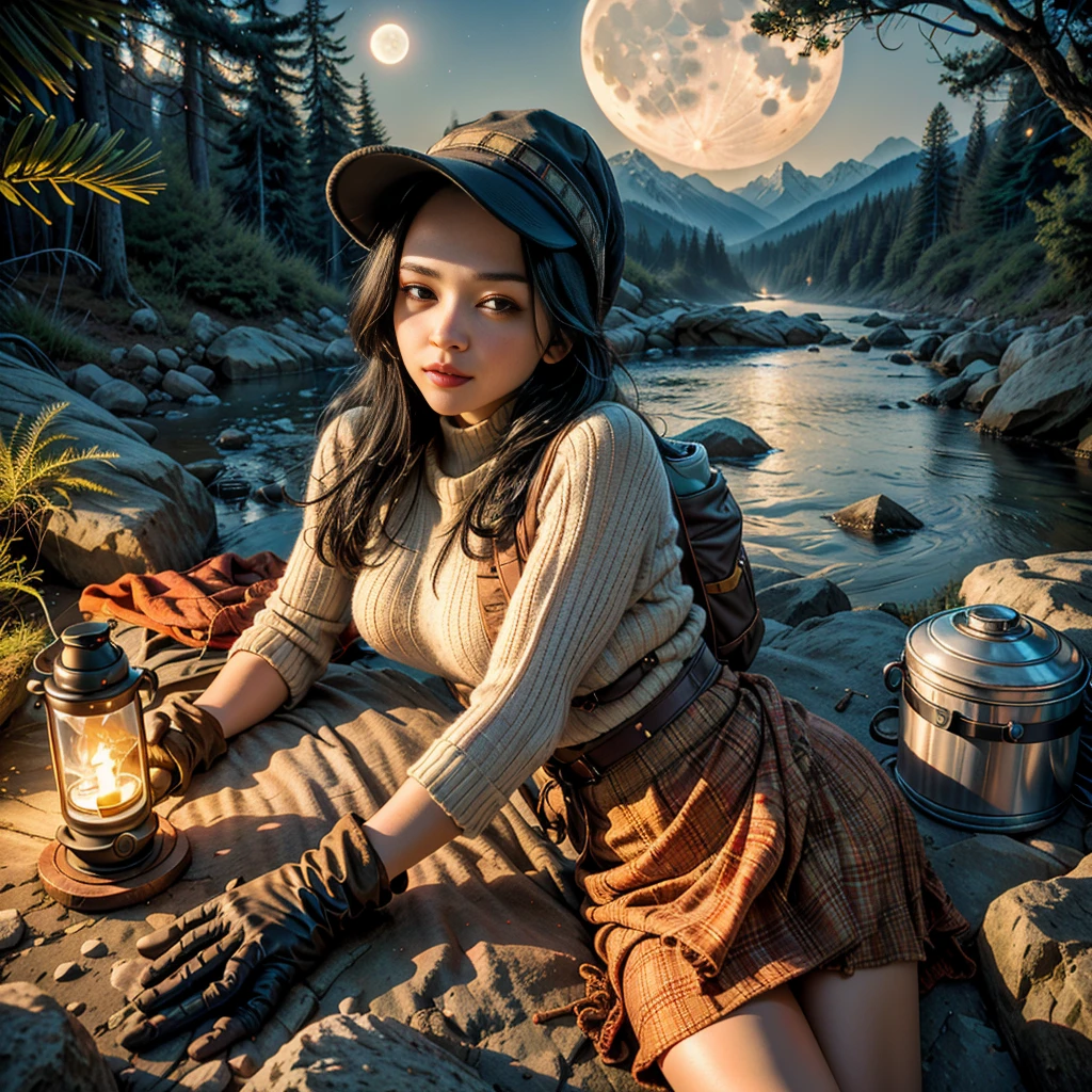 1 woman((upper body selfie, happy)), masterpiece, best quality, ultra-detailed, solo, outdoors, (night), mountains, nature, (stars, moon) cheerful, happy, backpack, sleeping bag, camping stove, water bottle, mountain boots, gloves, sweater, hat, flashlight, forest, rocks, river, wood, smoke, shadows, contrast, clear sky, analog style (look at viewer:1.2) (skin texture) (film grain:1.3), (warm hue, warm tone), jenya.d