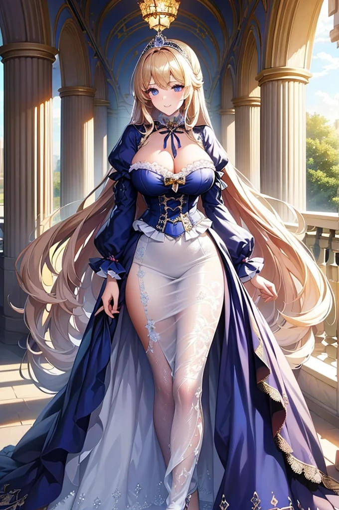 ((Anime art style)),(masterpiece),(Highest quality), (Very detailed),((Very delicate and beautiful)),((alone)),((whole body)),((1 princess in a gorgeous Victorian dress)),Lots of frills,Detailed face and eyes,Jewel-like eyes,((There is a volume and、Very long straight hair)),((Gorgeous embroidery and lace)),Gorgeous corsage,See through,gorgeous hair accessory,Gorgeous sparkling jewel tiara,Gorgeous frills,((Huge breasts,Long chest)),Skin dents,((whole body)),((Skirt of Hope,crinoline)),Standing pose,Dynamic Angle,Show Viewer,Royal Victoria Palace,(((A gorgeous Victorian dress with rich embroidery)),whole body,Big Breasts, Grin、With a creepy smile, A smile with downturned corners,View your audience, blush, Open your mouth,Please place your hand on your chest