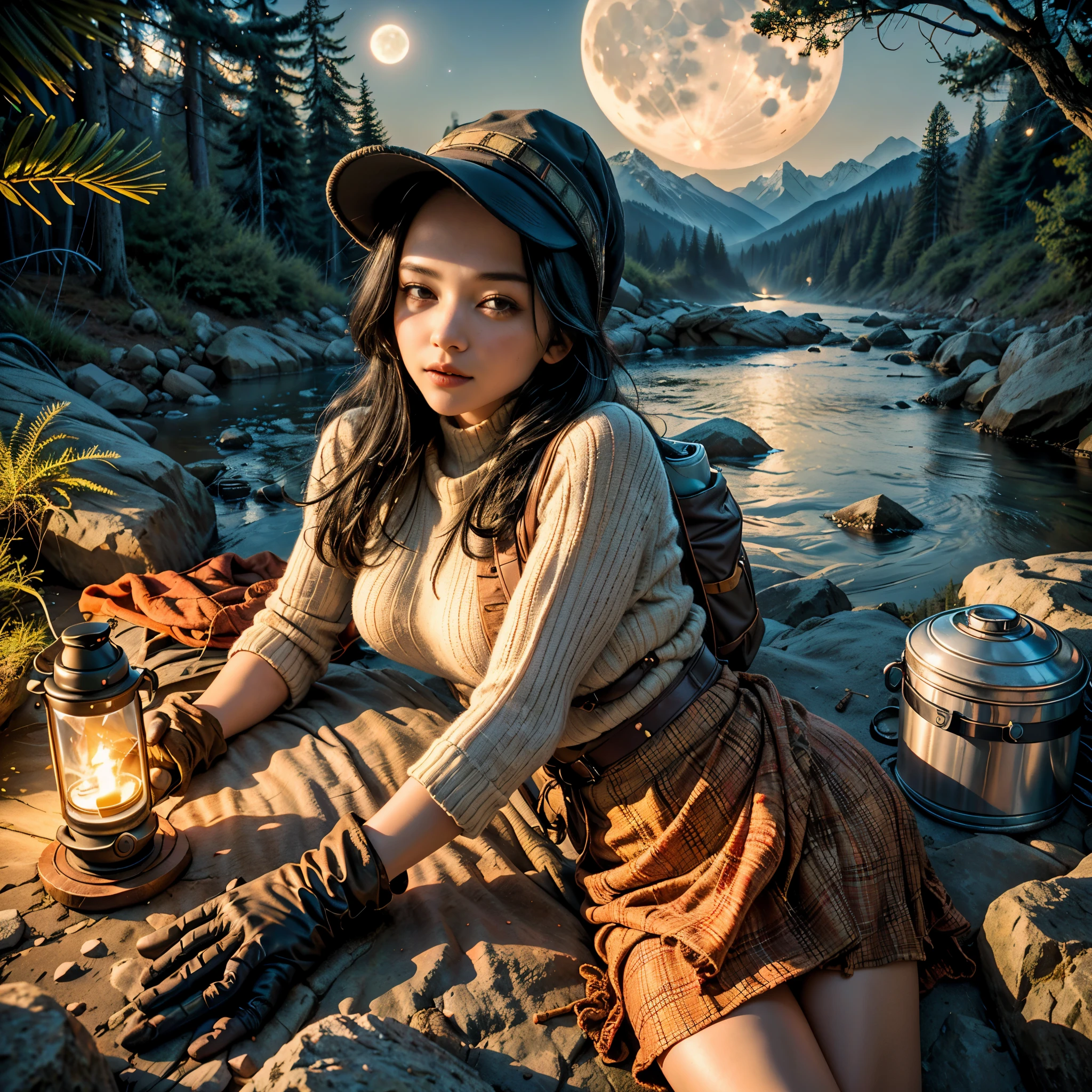 1 woman((upper body selfie, happy)), masterpiece, best quality, ultra-detailed, solo, outdoors, (night), mountains, nature, (stars, moon) cheerful, happy, backpack, sleeping bag, camping stove, water bottle, mountain boots, gloves, sweater, hat, flashlight, forest, rocks, river, wood, smoke, shadows, contrast, clear sky, analog style (look at viewer:1.2) (skin texture) (film grain:1.3), (warm hue, warm tone), jenya.d