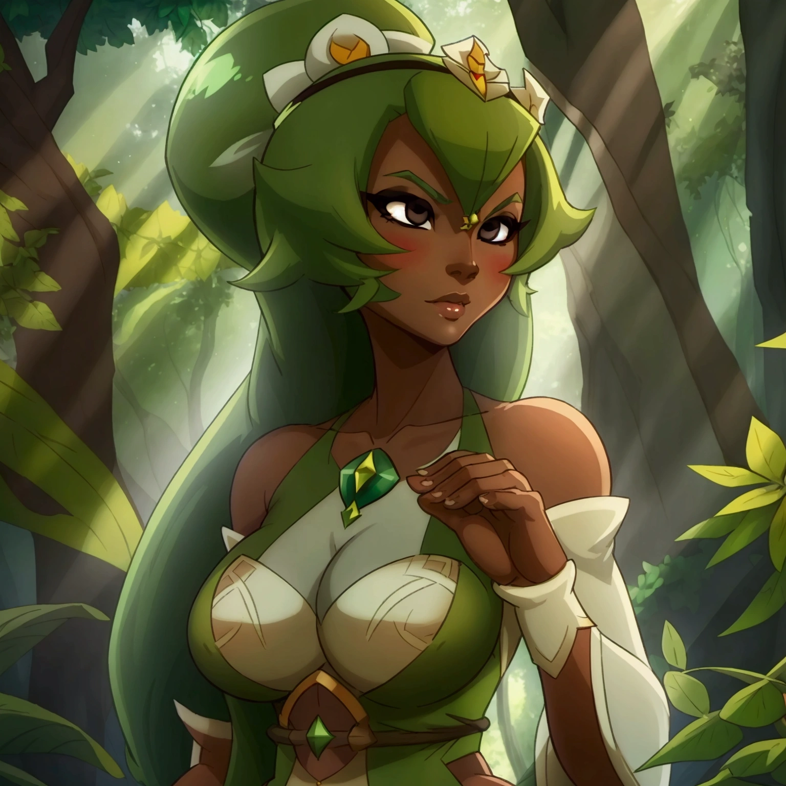 ((ultra quality)), ((masterpiece)), Amalia Sheran Sharm, Wakfu style, ((green medium long hair)), (Beautiful face), (beautiful female lips), (), charming, ((sexy facial expression)), looks at the camera, eyes slightly open, (skin color white), (White skin), glare on the body, ((detailed beautiful female eyes)), ((dark brown eyes)), (juicy female lips), (dark eyeliner), (beautiful female hands), ((ideal female figure)), ideal female body, beautiful waist, gorgeous thighs, beautiful medium breasts, ((subtle and beautiful)), sexy worth (), (green clothes Amalia Sheran Sharm - wakfu season 3) background: the forest, ((depth of field)), ((high quality clear image)), (clear details), ((high detail)), realistically, professional photo session, ((Clear Focus)), anime, full body photo, huge ass, giant ass, big tits, ass focus, full body