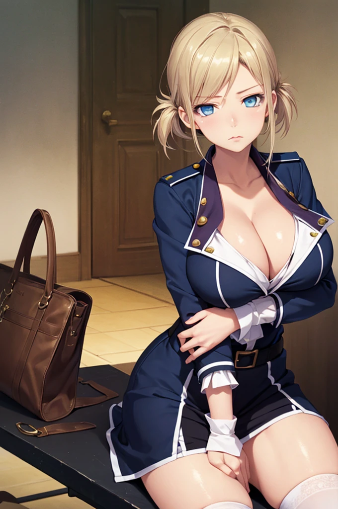 (masterpiece, Highest quality:1.2), Huge , Cleavage,  Cowboy Shot, alone, One girl, Awashima Seri, Expressionless, Mouth closed, View your viewers, Arms crossed, blue eyes, uniform, Knee socks