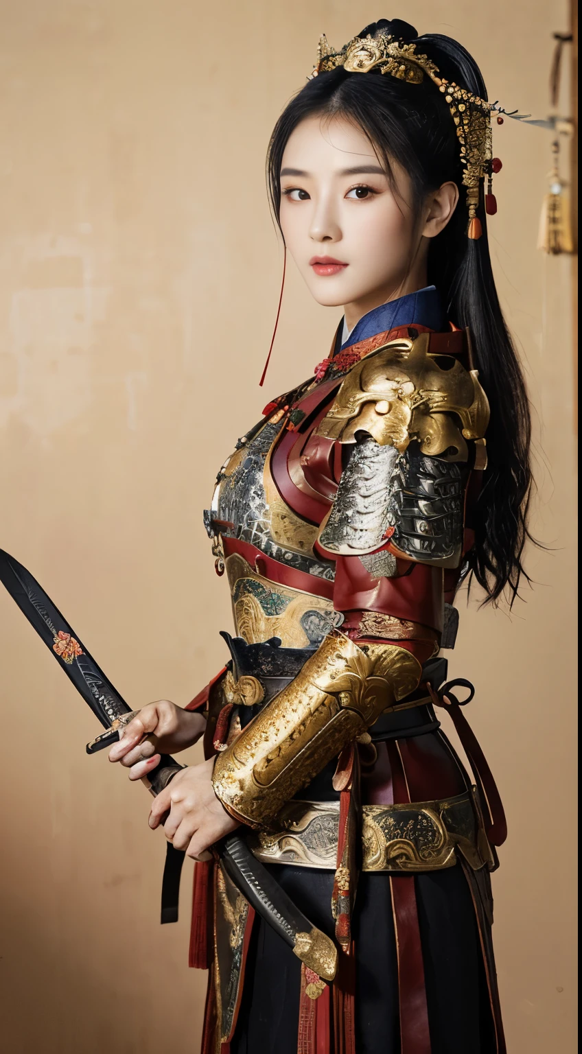 Front view, ancient Chinese girl, 2 century, looking at camera, beautiful Chinese  Young General, 2, (Highly detailed face, Ordinary eyes,  Tapered eyebrows, Black eye, Variegated eyes, Fuller lips, little Lips, Silas),(middle breasts, middle hip), (ancient Chinese costume, Red decoration leather armor emboss armor of dragon ,  chain inner clothes, ancient Chinese decoration leather helmet ), (holding a ancient Chinese Sword), standing pose, on ground, on filed, sunset ,(masterpiece, Highest quality, masterpiece, God-like quality, Godly art, , Very realistic)