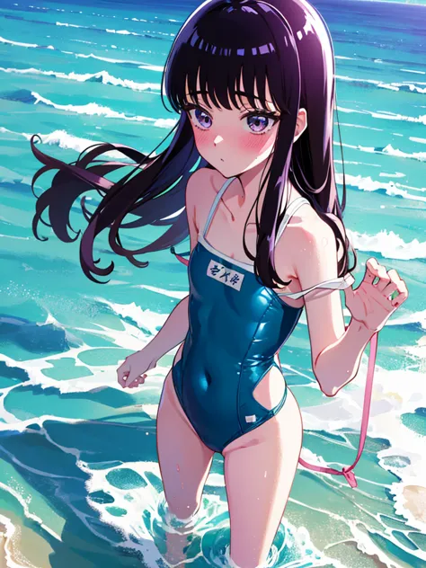 ランダムなポーズ、random patterned swimsuit、swimsuit,,blushing、pale brown eyes、dark purple hair、semi-long hair、head to toe full body、blus...