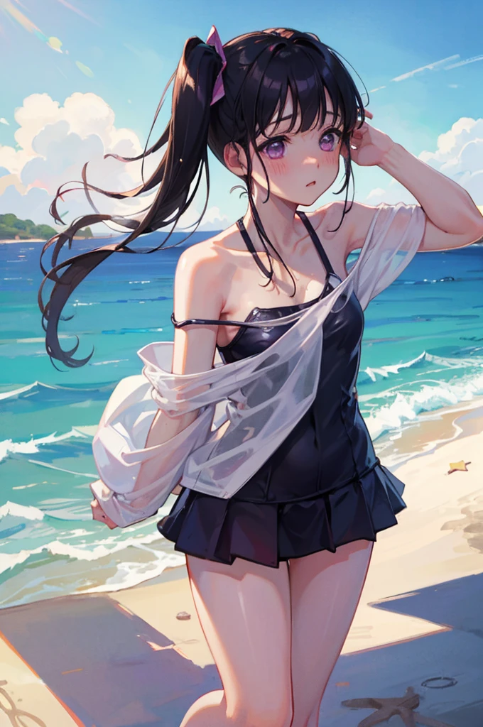 Random Swimsuit、Swimsuit,,Blushing、Black Hair、Side Ponytail、Pale purple eyes、Head to toe full body、Blushing、Embarrassed look、Composition from the front、A view from slightly below、school swimwear、Acme Face、Random pose、, 、nsfw、Highest quality、1 girl、solo、Ocean、Sandy Beach、Sexy pose、Random pose、Blushing、wet、Embarrassed、I can see half of my 、、One piece swimsuit、(Strap slip:1.3)、Swimsuits in random colors、 Swimsuit