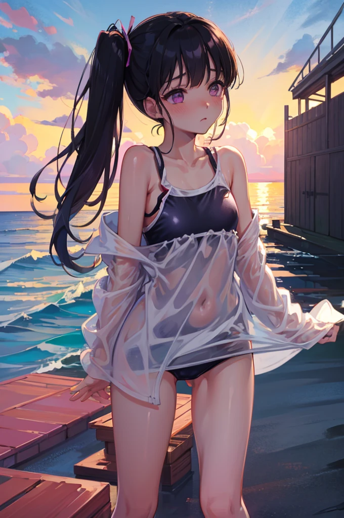 Random Swimsuit、Swimsuit,,Blushing、Black Hair、Side Ponytail、Pale purple eyes、Head to toe full body、Blushing、Embarrassed look、Composition from the front、A view from slightly below、school swimwear、Acme Face、Random pose、, 、nsfw、Highest quality、1 girl、solo、Ocean、Sandy Beach、Sexy pose、Random pose、Blushing、wet、Embarrassed、I can see half of my 、、One piece swimsuit、(Strap slip:1.3)、Swimsuits in random colors、 Swimsuit