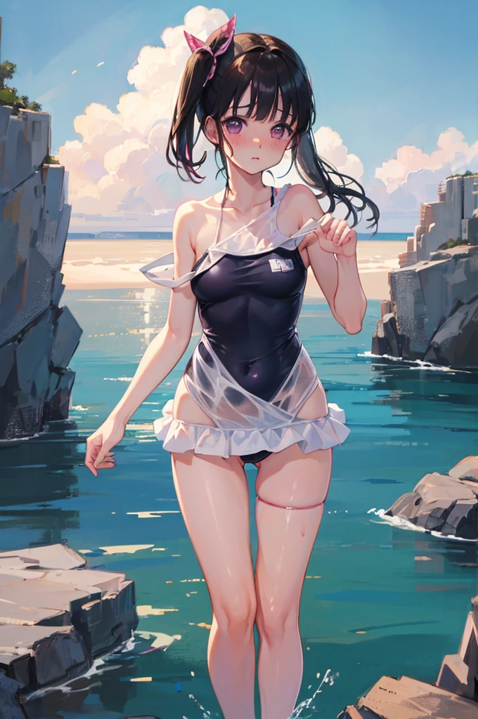 Random Swimsuit、Swimsuit,,Blushing、Black Hair、Side Ponytail、Pale purple eyes、Head to toe full body、Blushing、Embarrassed look、Composition from the front、A view from slightly below、school swimwear、Acme Face、Random pose、, 、nsfw、Highest quality、1 girl、solo、Ocean、Sandy Beach、Sexy pose、Random pose、Blushing、wet、Embarrassed、I can see half of my 、、One piece swimsuit、(Strap slip:1.3)、Swimsuits in random colors、 Swimsuit