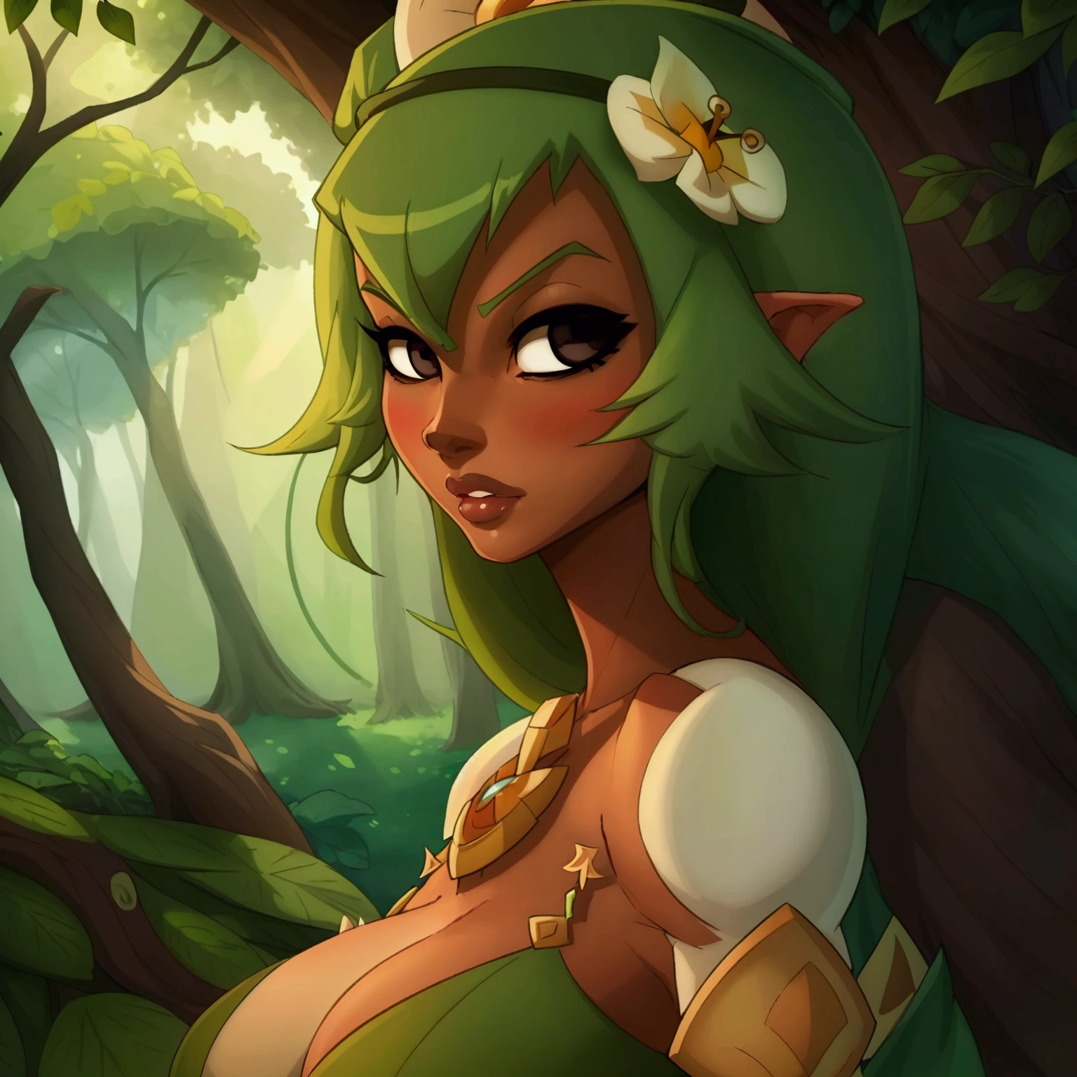 ((ultra quality)), ((masterpiece)), Amalia Sheran Sharm, Wakfu style, ((green medium long hair)), (Beautiful face), (beautiful female lips), (), charming, ((sexy facial expression)), looks at the camera, eyes slightly open, (skin color white), (White skin), glare on the body, ((detailed beautiful female eyes)), ((dark brown eyes)), (juicy female lips), (dark eyeliner), (beautiful female hands), ((ideal female figure)), ideal female body, beautiful waist, gorgeous thighs, beautiful medium breasts, ((subtle and beautiful)), sexy worth (), (green clothes Amalia Sheran Sharm - wakfu season 3) background: the forest, ((depth of field)), ((high quality clear image)), (clear details), ((high detail)), realistically, professional photo session, ((Clear Focus)), anime, full body photo, huge ass, giant ass, big tits, ass focus, full body, (full body picture), (ass)