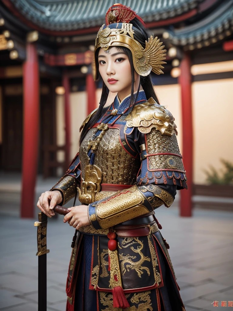 Front view, ancient Chinese girl, 2 century, looking at camera, beautiful Chinese  Young General, 2, (Highly detailed face, Ordinary eyes,  Tapered eyebrows, Black eye, Variegated eyes, Fuller lips, little Lips, Silas),(middle breasts, middle hip), (ancient Chinese costume, Red decoration leather armor emboss armor of dragon ,  chain inner clothes, ancient Chinese decoration leather helmet ), (holding a ancient Chinese Sword), standing pose, in Chinese Palace, near Garden, sunset ,(masterpiece, Highest quality, masterpiece, God-like quality, Godly art, , Very realistic)