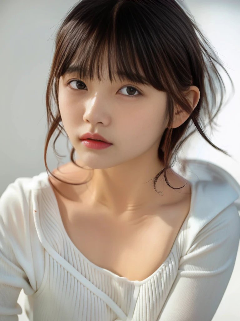 Selfie、Close-up of a woman wearing a white sweater, neat hair With bangs, short detailed hair, Baiji haircut hairstyle, short detailed hair With bangs, south east asian with round face, Cute and delicate face of girl, With bangs, Korean girls, Young cute asian face, Korean symmetrical face, middle parted bangs, Avatar profile picture，the background is clean