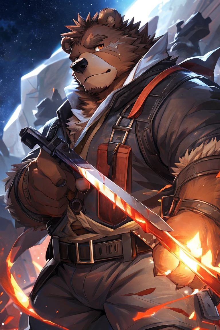 human nature, Wildlife, male,36 years old，Uncle， solitary, ((Round Face, The face is plump,Orange eyes,thick brown hair，Furry little ears with scars)), ((Endomorph, Handsome的，Hot Blood)), （construction worker，White architectural clothing，Holding a military long knife), ((domestic brown bear, Bear Orc，) Fluffy fur, Fluffy), Bokeh, (high quality, high resolution, masterpiece), (Dynamic Lighting, Vibrant colors，Natural fill light), (Revitalize，Handsome，), Full body picture (close up), cartoon, author：Takemoto Arashi, From zixiong, By Chunni, author：Empty Ghost，moonlight，Draw the sword on the cliff，Lean on your teammates&#39; backs，Two-player combat，Night，Surrounded，Beautiful starry sky，（background：moonlight的悬崖边）